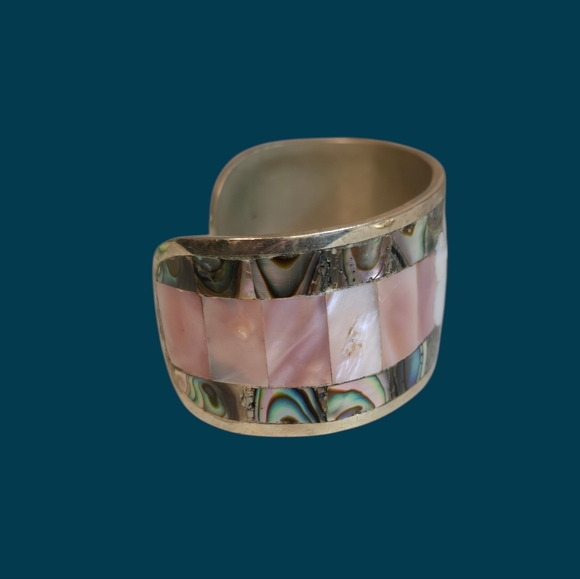 Vintage Silver Abalone with Mother of Pearl Flower Cuff Bracelet - See Note - Picture 3 of 6